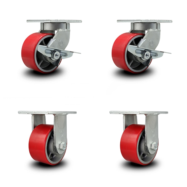6 Inch Heavy Duty Red Poly on Cast Iron Wheel Caster Brakes 2 Rigid SCC, 2PK